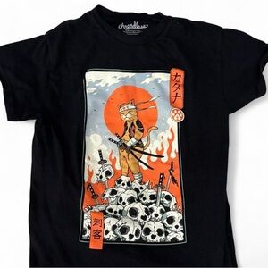 Black Graphic Samurai Cat T-Shirt - Small
